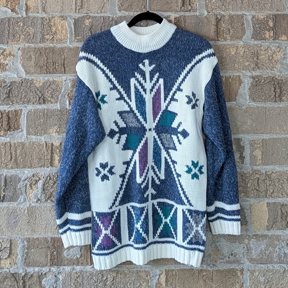 VTG 80s Gina Peters Mock Neck Snowflake Tunic Sweater White Blue Size Small - Picture 7 of 7